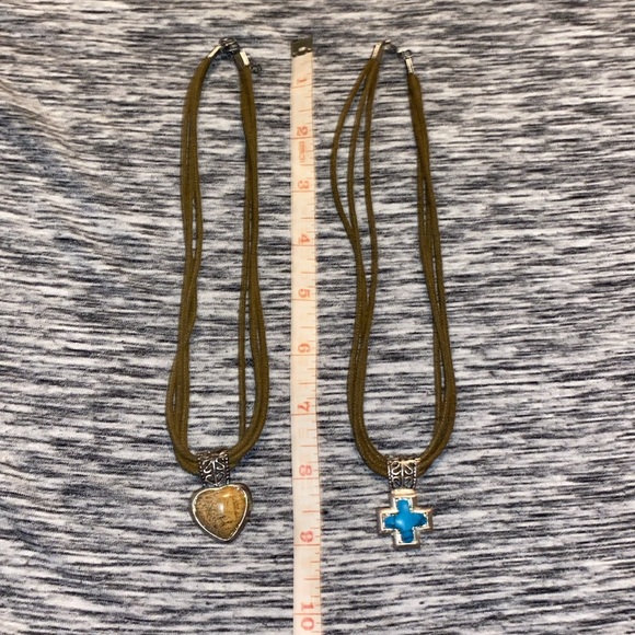 Vintage Faux-Turquoise Heart Cross Brown Cord Necklace and Earrings Sets - Picture 13 of 13